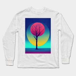 Abstract Pink Full Moon Whimsical Minimalist Lonely Tree Bright Colorful Nature Poster Art of a Leafless Tree Long Sleeve T-Shirt